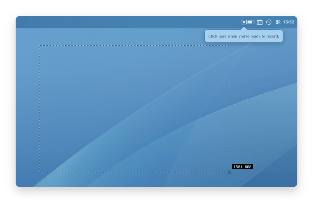 A mac desktop showing the captura icon on the menu bar, with a dashed rectangle showing the recording area and the dimensions (1581, 668). A popover under the captura icon says 'Click here when you're ready to record'.
